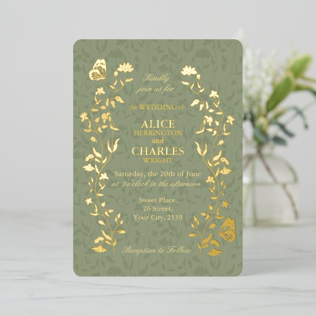 Invitation En Aluminium Style vintage Sage Green Floral Mariage (Debout devant)