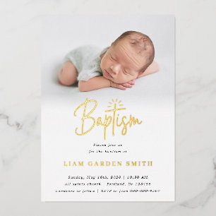 Invitation En Aluminium Subtle Cross One Photo Baptism Gold Foil Invitati