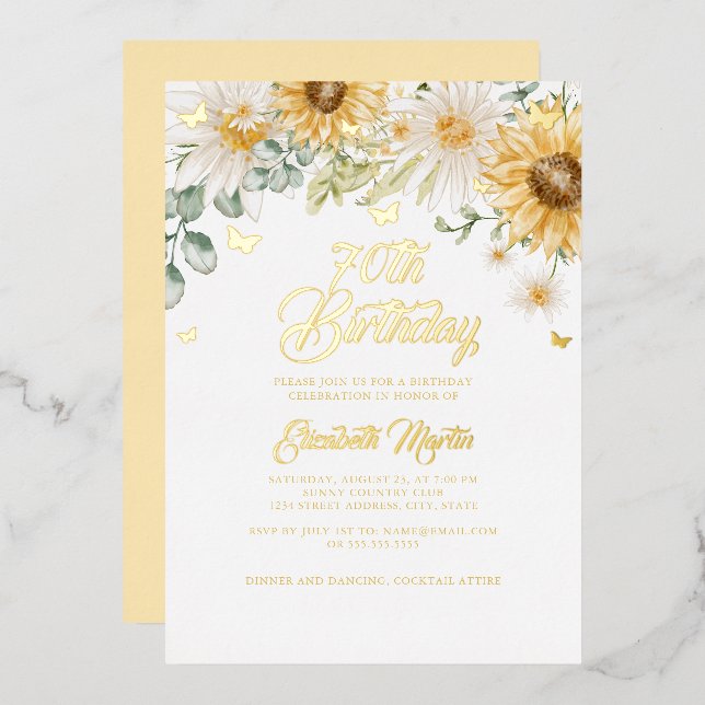 Invitation En Aluminium Sunflower Gold Butterfly 70th Birthday Party (Recto/Verso)