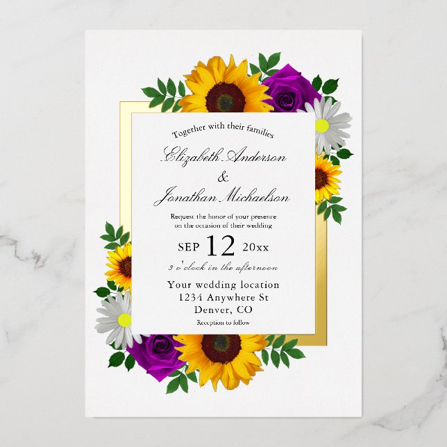 Invitation En Aluminium Sunflower Rose Daisy Automne Floral Mariage (Recto)