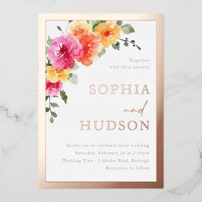 Invitation En Aluminium Superbe aquarelle gras Floral Mariage Rose or (Recto)