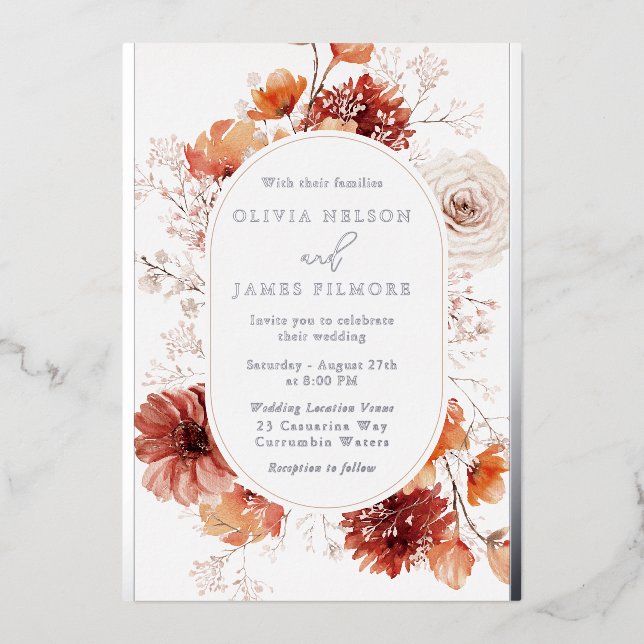 Invitation En Aluminium Superbe Boho Cadre Floral Mariage Real Argent (Recto)