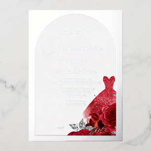Invitation En Aluminium Superbe Robe Rouge Blush Floral Quinceanera Argent