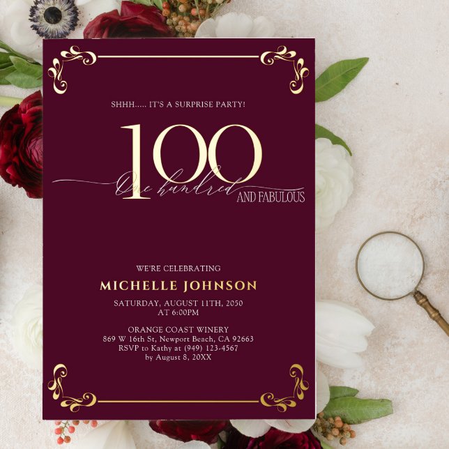 Invitation En Aluminium Surprise 100 & Fabuleux Anniversaire Bourgogne & O (Créateur téléchargé)