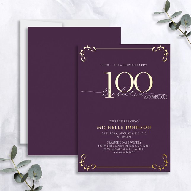 Invitation En Aluminium Surprise 100 & Fabuleux Anniversaire Purple & Gold (Créateur téléchargé)