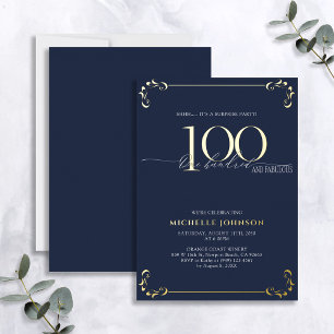 Invitation En Aluminium Surprise 100 & Fabulous Blue & Gold Birthday