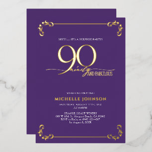 Invitation En Aluminium Surprise 90 & Anniversaire Violet Et Or Fabulux