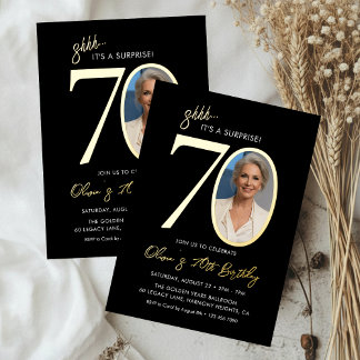 Invitation En Aluminium Surprise Black and Gold 70th Birthday Party Photo