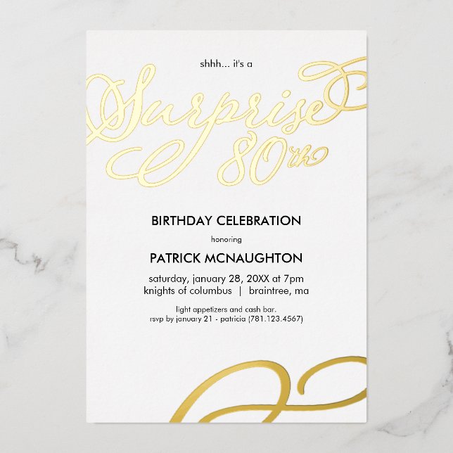 Invitation En Aluminium Surprise Party 80e anniversaire Gold Foil Invitati (Recto)