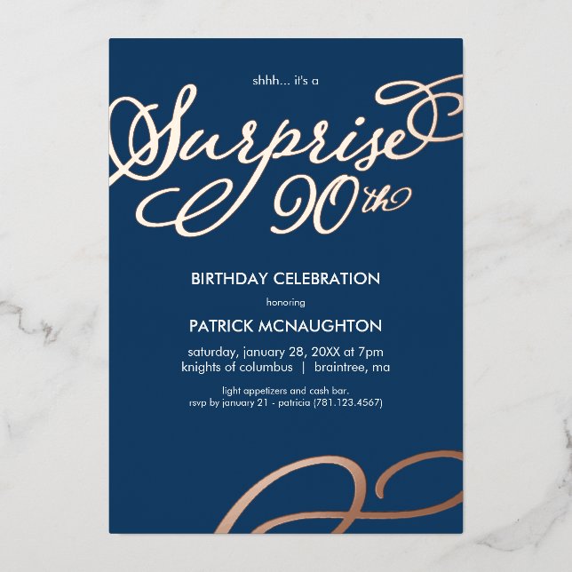 Invitation En Aluminium Surprise Party 90e anniversaire Gold Foil Invitati (Recto)