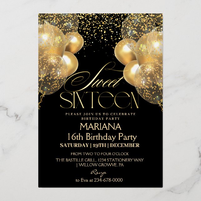 Invitation En Aluminium Sweet 16 Ballons Noir & Or Photo Anniversaire (Recto)