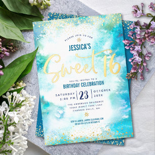 Invitation En Aluminium Sweet 16 Script Turquoise Aquarelle Vrai Or
