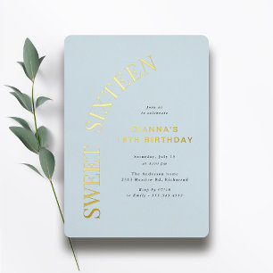 Invitation En Aluminium Sweet Sixteen 16e anniversaire bleu clair et or