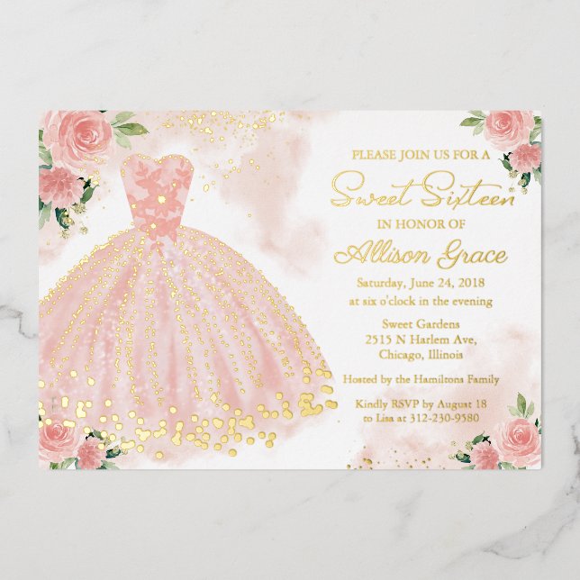 Invitation En Aluminium Sweet sixteen Delicic Blush Gown Or (Recto)