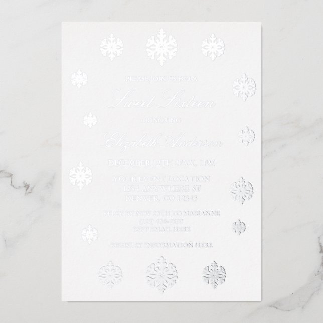Invitation En Aluminium Sweet sixteen d'hiver de Snowflake (Recto)