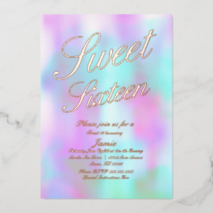 Invitation En Aluminium Sweet Sixteen holographique en or pressé