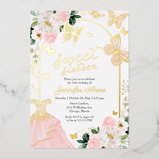 Invitation En Aluminium Sweet sixteen papillon Blush Floral Robe Or (Recto)