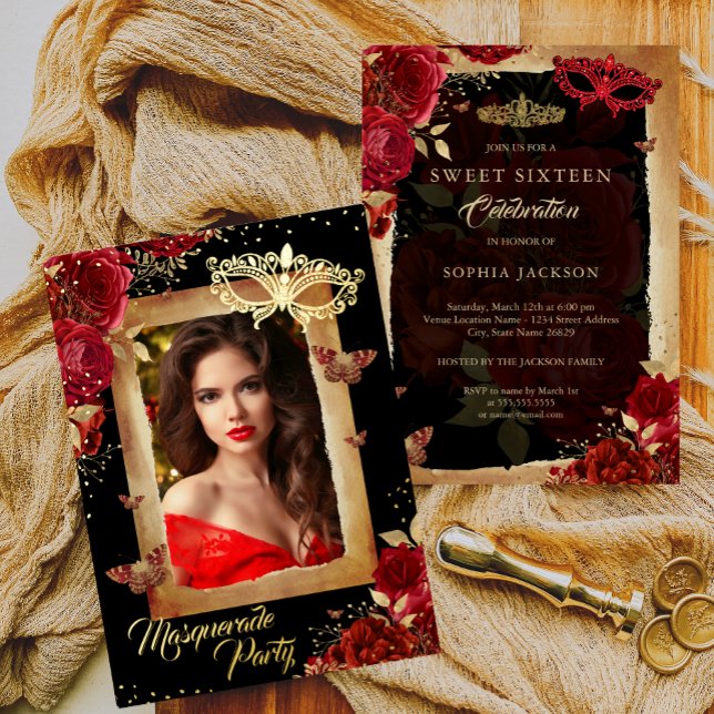 Invitation En Aluminium Sweet sixteen Photo Masquerade Party Rouge Rose Or (Créateur téléchargé)
