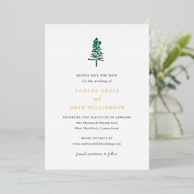 Invitation En Aluminium Tamara Pine Tree Mariage moderne Enregistrer la da (Debout devant)