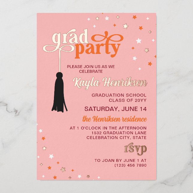 Invitation En Aluminium Tassel & Etoiles rose Retro Script Grad Party Gold (Recto)