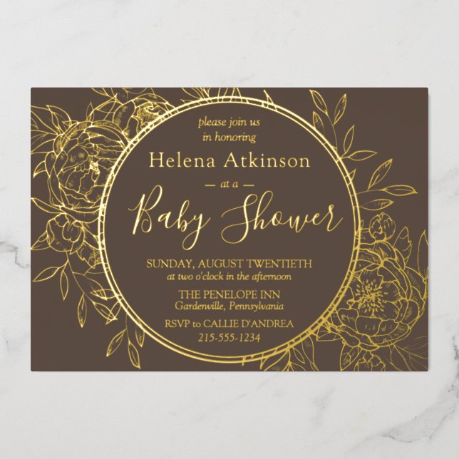 Invitation En Aluminium Taupe & Or moderne Peony Toile Baby shower (Recto)