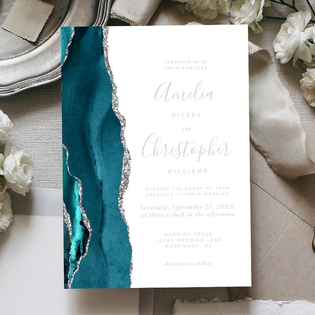 Invitation En Aluminium Teal Blue Silver Agate Modern Script Wedding (Créateur téléchargé)