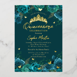 Invitation En Aluminium Teal Or Envoûtant Papillon Floral Quinceanera