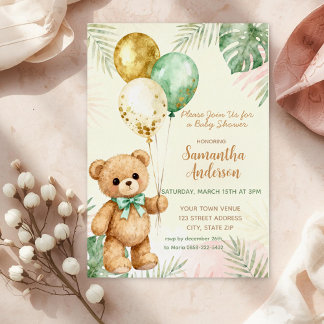 Invitation En Aluminium Teddy Bear Brown Sage Green Balloons Baby Shower