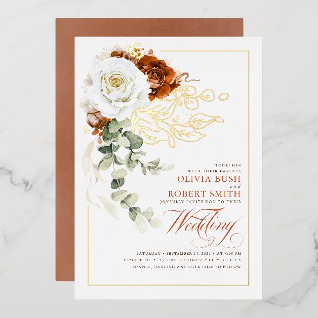 Invitation En Aluminium Terracotta Burnt Orange & Blanc Floral Mariage (Recto/Verso)