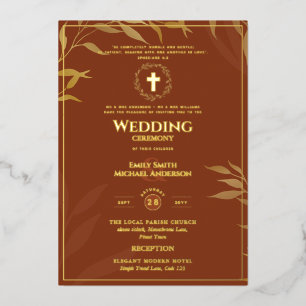 Invitation En Aluminium Terracotta Gold Catholique Mariage Élégant Forme