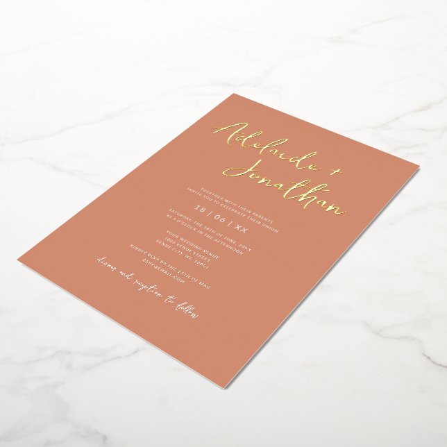 Invitation En Aluminium Terracotta moderne Mariage simple lettre d'or (Rotation)
