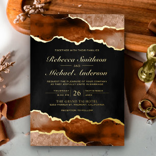 Invitation En Aluminium Terracotta Orange Brûlé Agate Noir Mariage Or