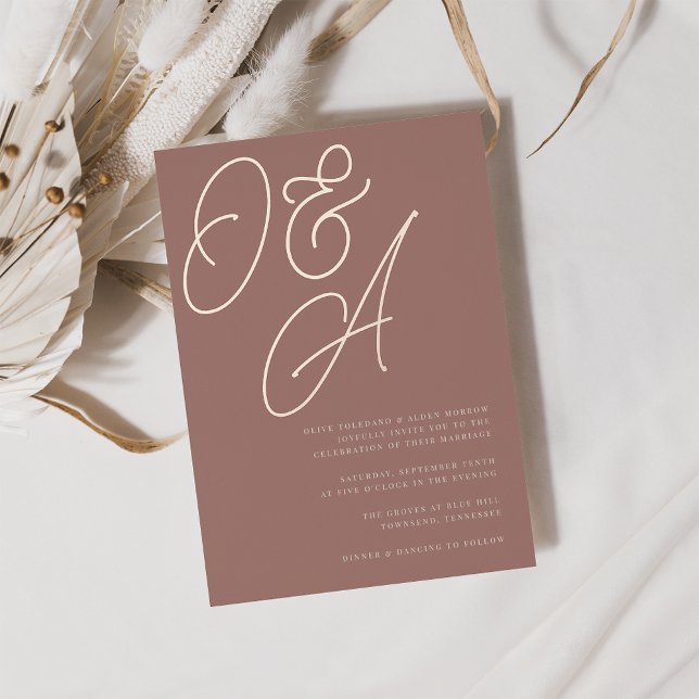 Invitation En Aluminium Terre cuite | Rose Mariage de monogramme de script (Créateur téléchargé)