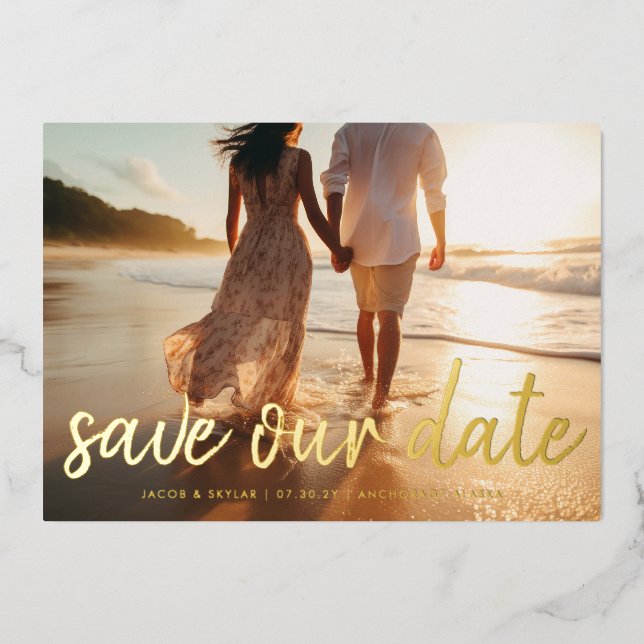 Invitation En Aluminium Texte de brosse moderne Multi Full Bleu Photo Mono (Recto)