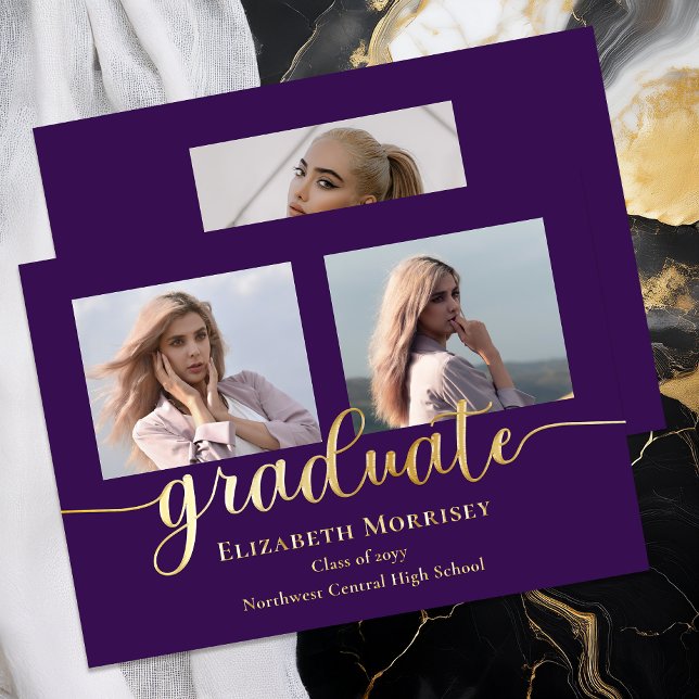 Invitation En Aluminium Texte de script doré élégant et chic pour diplômé  (Elegant Modern 3 Photo Script Text Graduation Gold Foil Announcement - Purple)