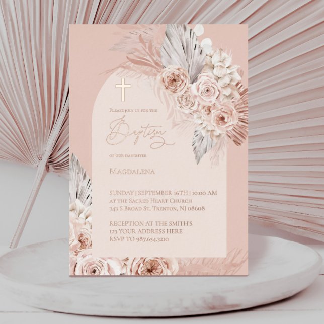 Invitation En Aluminium Texte en or rose Baptême fleurs boho (Créateur téléchargé)