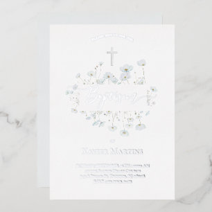 Invitation En Aluminium texte feuille d'argent Baptême fleurs délicates