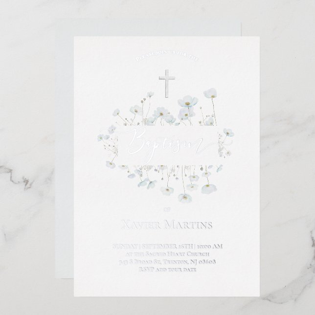 Invitation En Aluminium texte feuille d'argent Baptême fleurs délicates (Recto/Verso)