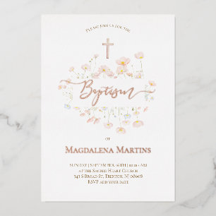 Invitation En Aluminium texte or rose baptême fleurs délicates
