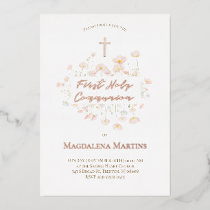 Invitation En Aluminium texte or rose Première Communion fleurs délicates