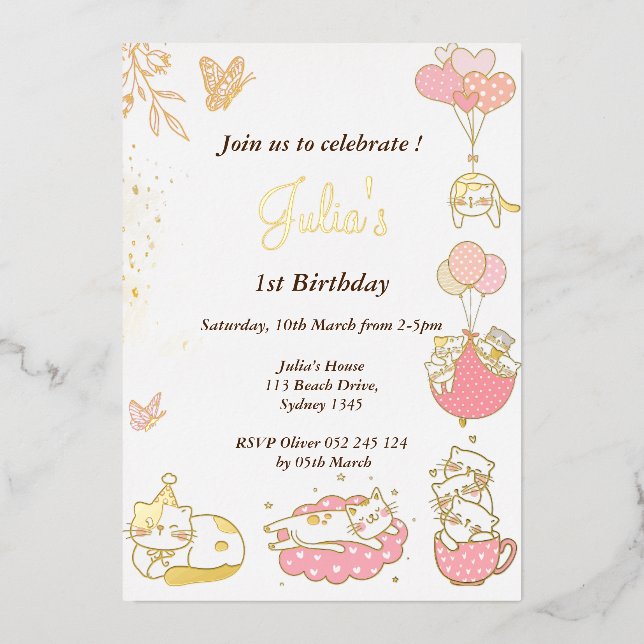 Invitation En Aluminium Thème de chat bébé fille 1er anniversaire (Recto)