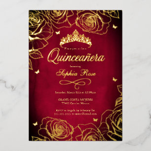 Invitation En Aluminium Thème Roses Couronne Or Rouge Quinceanera