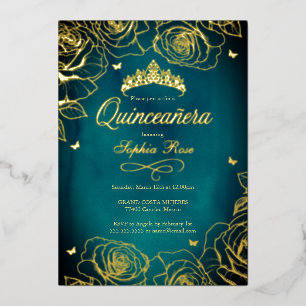 Invitation En Aluminium Thème Roses Couronne Or Sarcelle Quinceanera