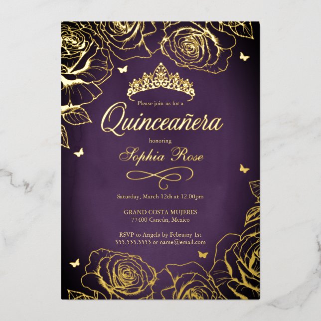 Invitation En Aluminium Thème Roses de la Couronne d'or pourpre Quinceaner (Recto)