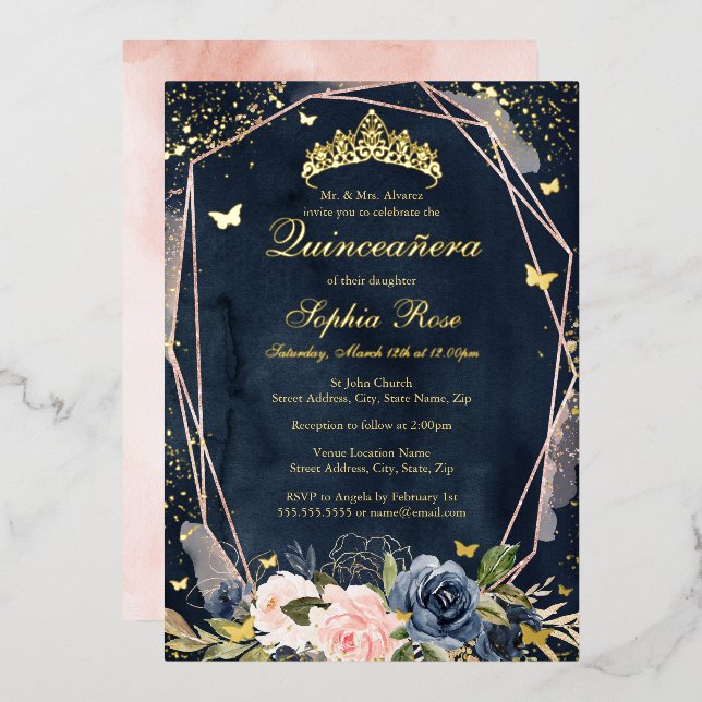 Invitation En Aluminium Tiara Butterfly Floral Navy Quinceanera rose (Recto/Verso)