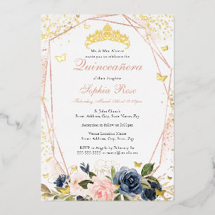 Invitation En Aluminium Tiara Papillon Floral Fard Rose Navy Quinceanera