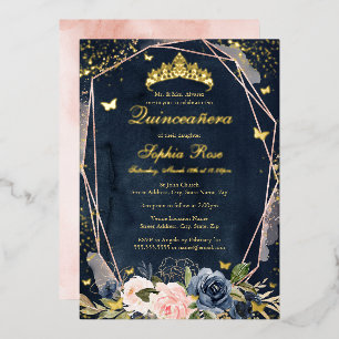 Invitation En Aluminium Tiara Papillon Floral Navy Rose Quinceanera