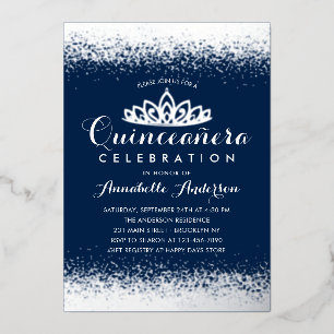 Invitation En Aluminium Tiara Royale Bleu Quinceañera Argent Pailleté
