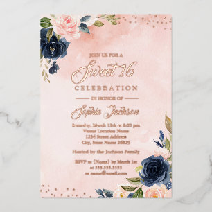 Invitation En Aluminium Tiare florale Navy Blush en feuille d'or ROSE GOLD