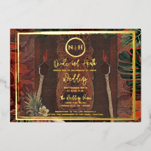 Invitation En Aluminium Tiki Vintage Hawaï Mariage or en bois